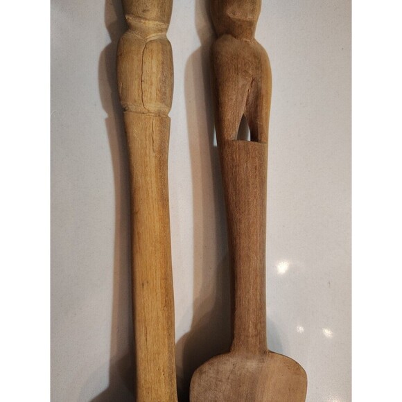 Teak Wood African Carved Fork and Spoon Salad Set Lightweight - Picture 4 of 9